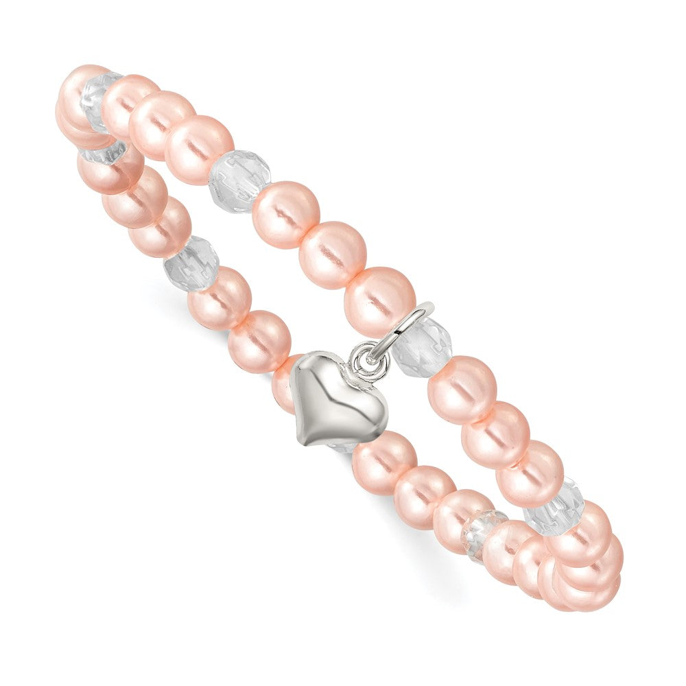 Sterlingsilber Herz Rosa Muschel Perle & Kristall Dehnbar Armband mit Pouch