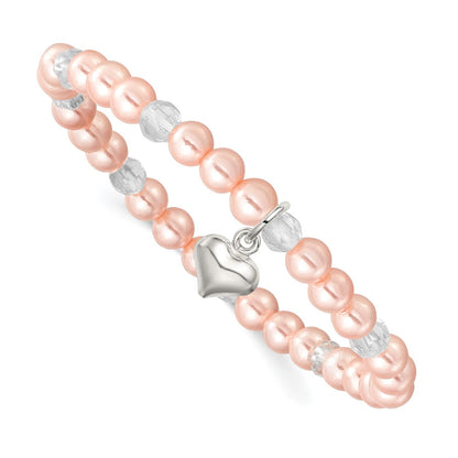 Sterlingsilber Herz Rosa Muschel Perle & Kristall Dehnbar Armband mit Pouch