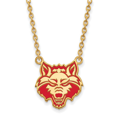 Vergoldet Sterlingsilber Logoart Arkansas State University Wolf Emailliert Groß Anhänger 18 Zoll Halskette