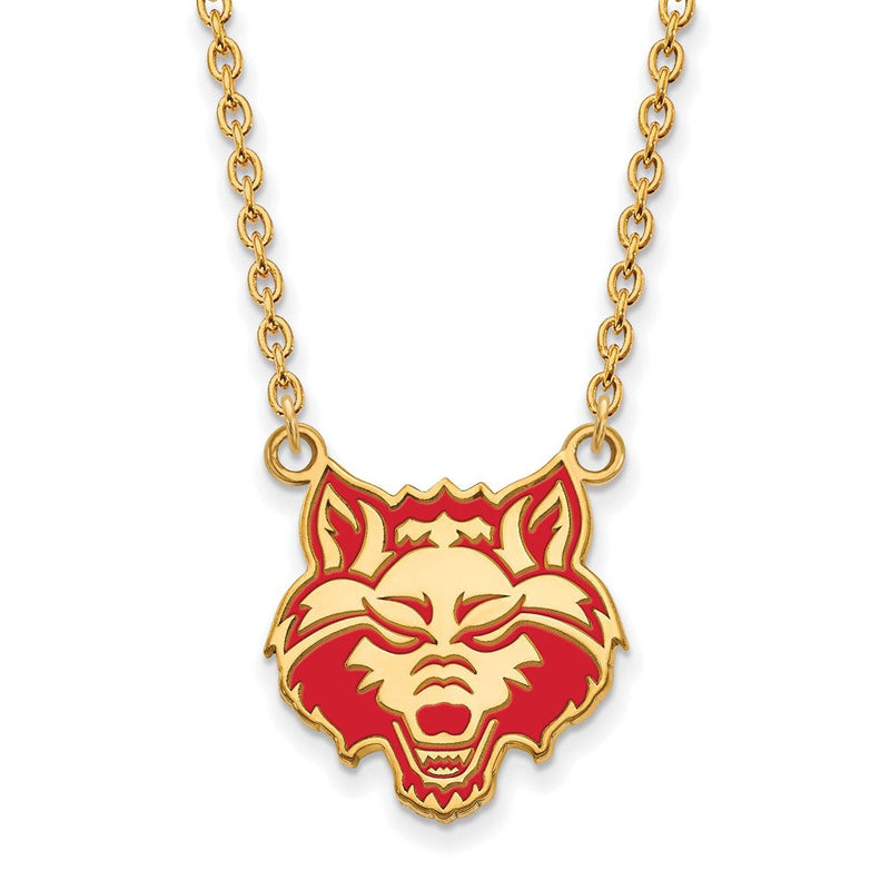 Vergoldet Sterlingsilber Logoart Arkansas State University Wolf Emailliert Groß Anhänger 18 Zoll Halskette