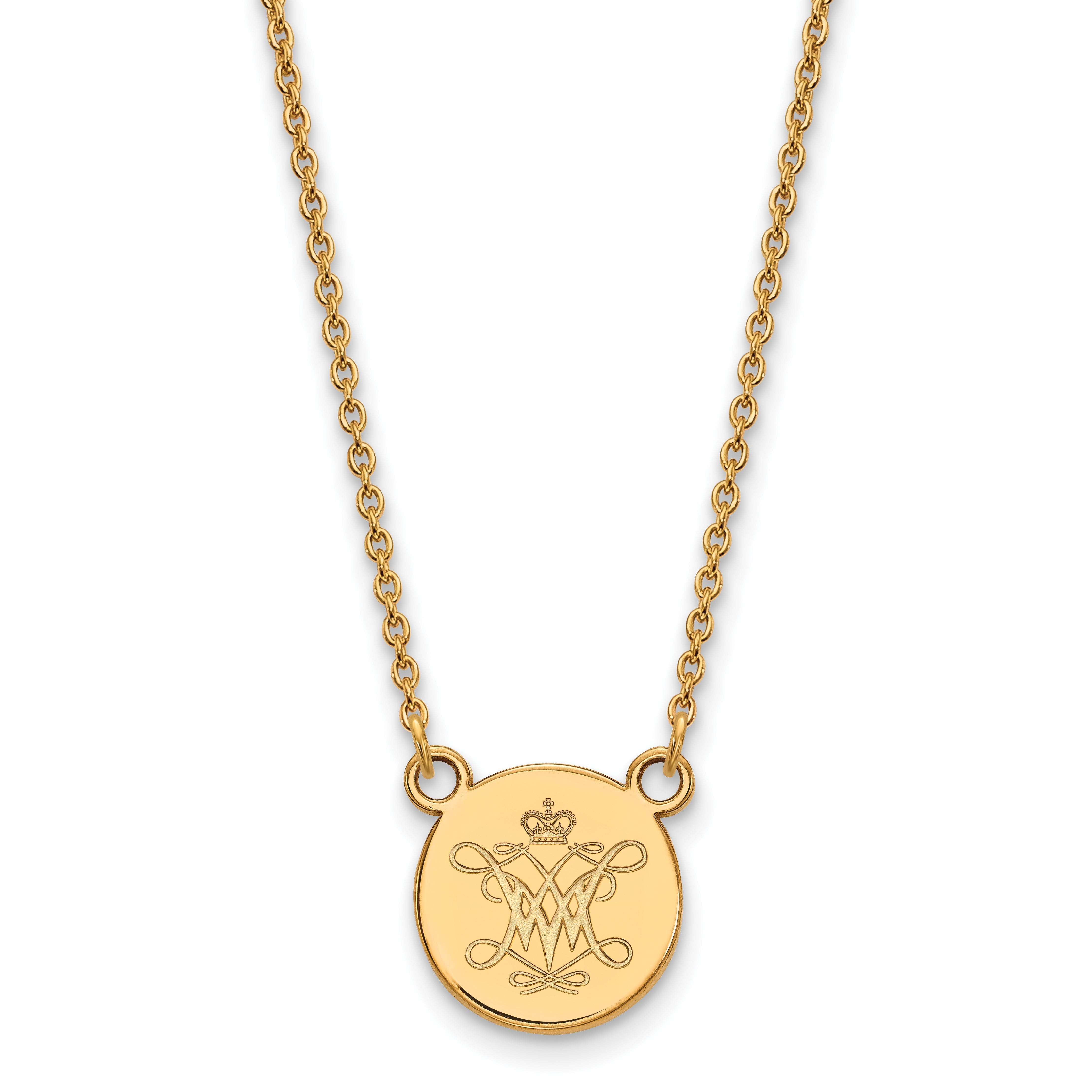 Vergoldet Sterlingsilber Logoart College Of William und Mary Klein Plättchen Anhänger 18 Zoll Halskette