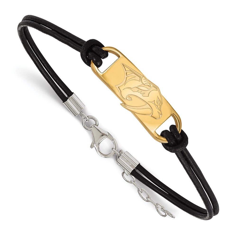 Vergoldet Sterlingsilber Nhl Logoart Nashville Predators Klein Mittig Schwarz Leder 7 Zoll Armband mit Verlängerung