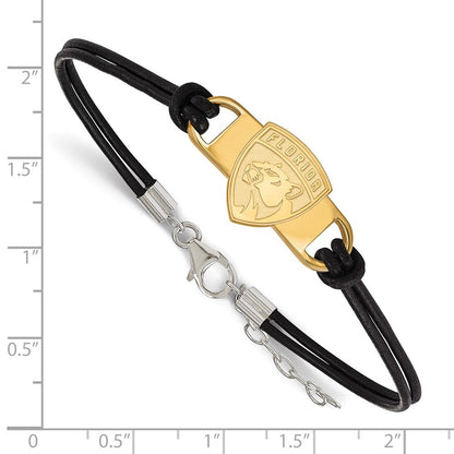 Vergoldet Sterlingsilber Nhl Logoart Florida Panthers Klein Mittig Schwarz Leder 7 Zoll Armband mit Verlängerung