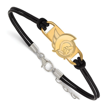 Vergoldet Sterlingsilber Nhl Logoart Ottawa Senators Klein Mittig Schwarz Leder 7 Zoll Armband mit Verlängerung
