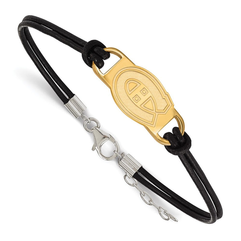 Vergoldet Sterlingsilber Nhl Logoart Montreal Canadiens Schwarz Leder 7 Zoll Armband mit Verlängerung