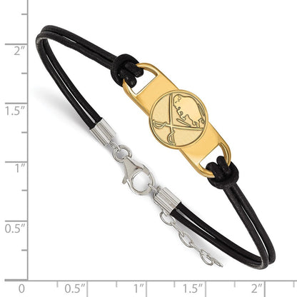 Vergoldet Sterlingsilber Nhl Logoart Buffalo Sabres Klein Mittig Schwarz Leder 7 Zoll Armband mit Verlängerung