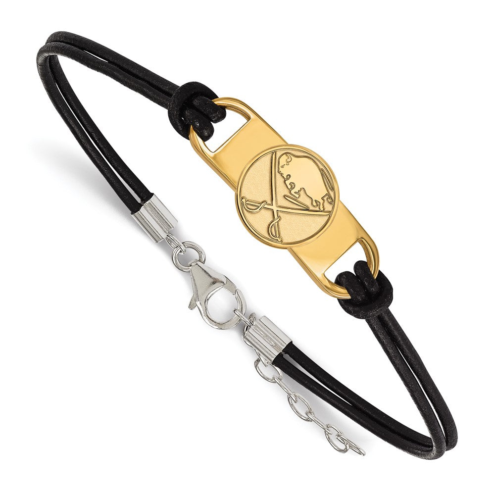 Vergoldet Sterlingsilber Nhl Logoart Buffalo Sabres Klein Mittig Schwarz Leder 7 Zoll Armband mit Verlängerung
