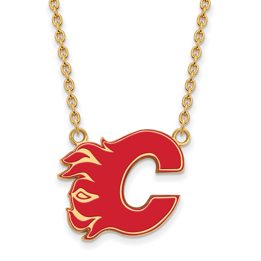 Vergoldet Sterlingsilber Nhl Logoart Calgary Flames Buchstabe C Groß Emailliert Anhänger 18 Zoll Halskette