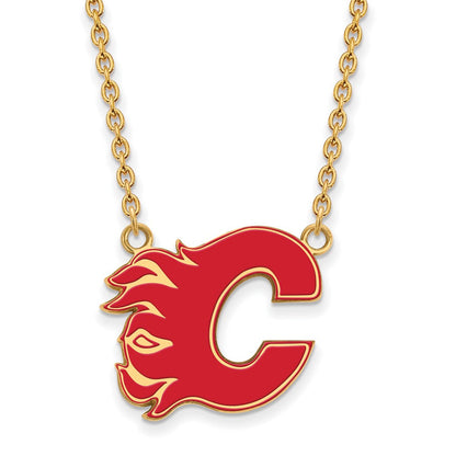 Vergoldet Sterlingsilber Nhl Logoart Calgary Flames Buchstabe C Groß Emailliert Anhänger 18 Zoll Halskette