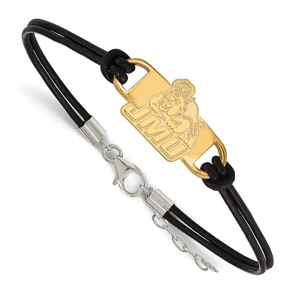 Vergoldet Sterlingsilber Logoart James Madison University Klein Mittig Schwarz Leder 7 Zoll Armband mit Verlängerung