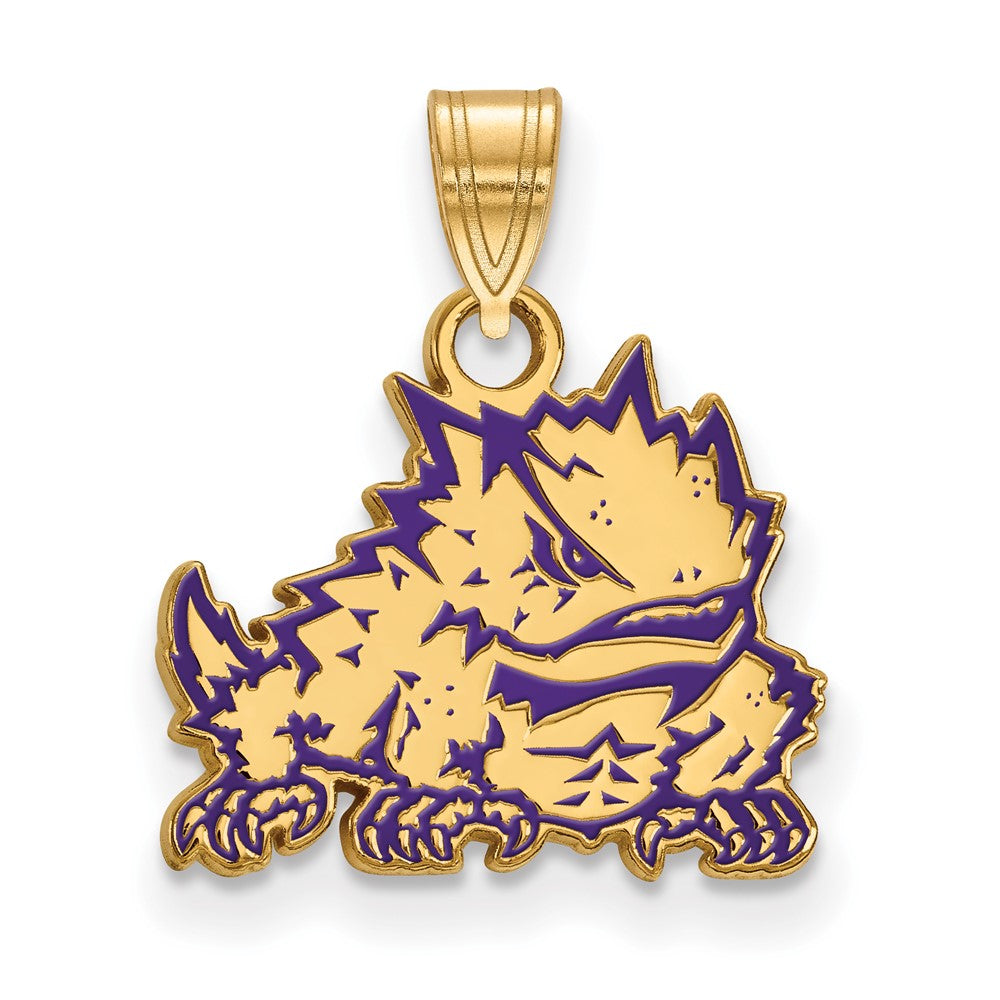 Vergoldet Sterlingsilber Logoart Texas Christlich University Gehörnt Frosch Klein Emailliert Anhänger