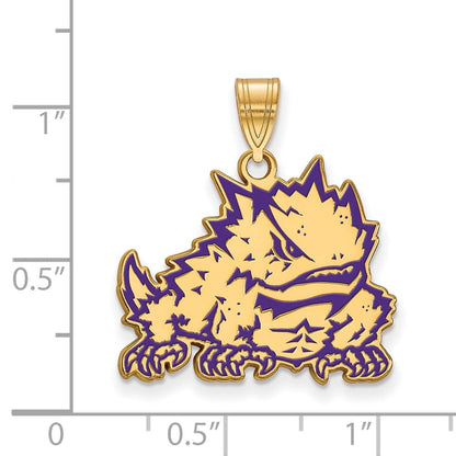 Vergoldet Sterlingsilber Logoart Texas Christlich University Gehörnt Frosch Groß Emailliert Anhänger