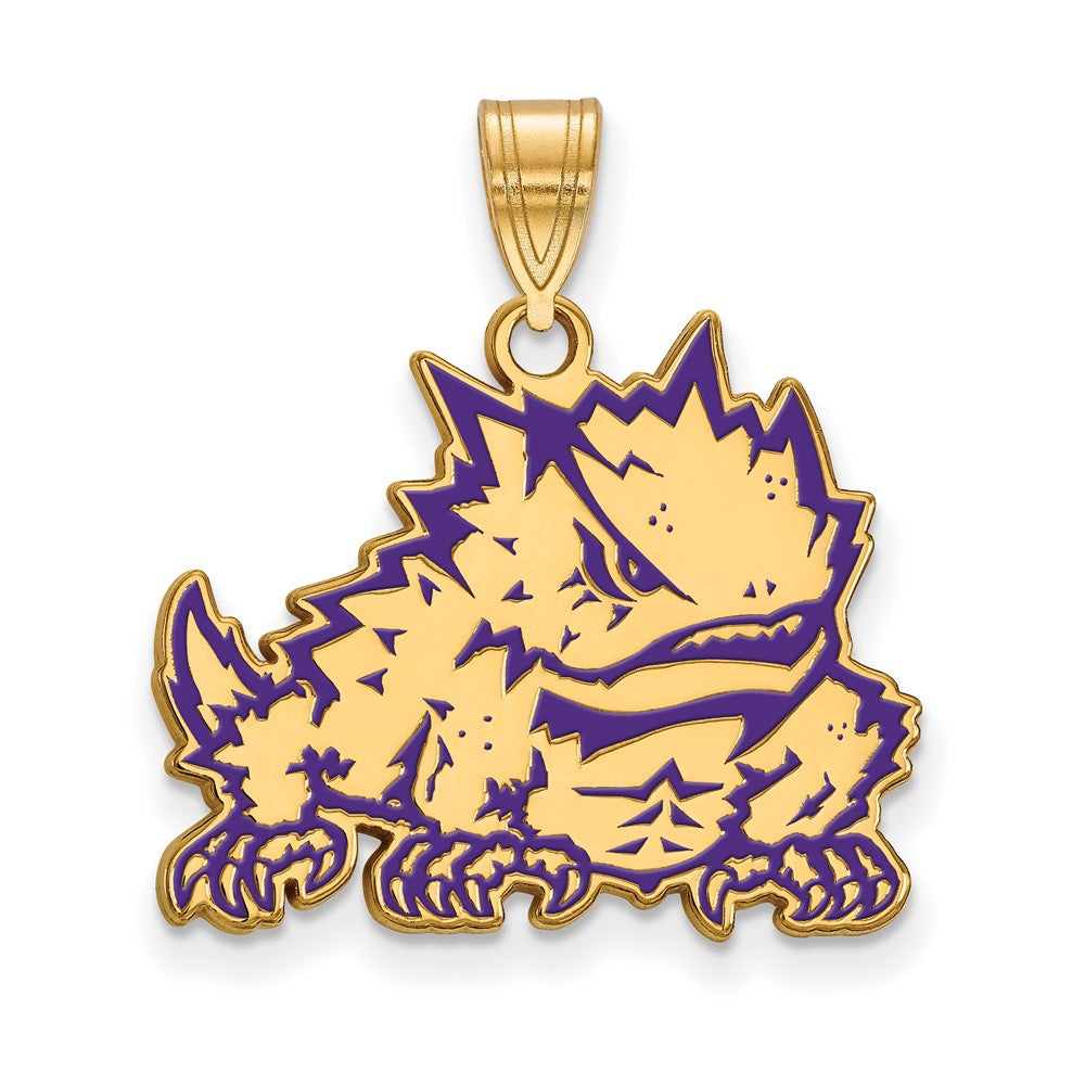 Vergoldet Sterlingsilber Logoart Texas Christlich University Gehörnt Frosch Groß Emailliert Anhänger