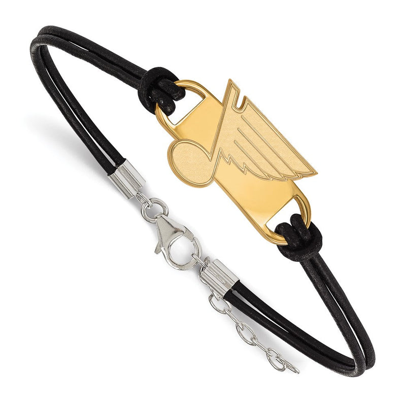 Vergoldet Sterlingsilber Nhl Logoart St. Louis Blues Klein Mittig Schwarz Leder 7 Zoll Armband mit Verlängerung