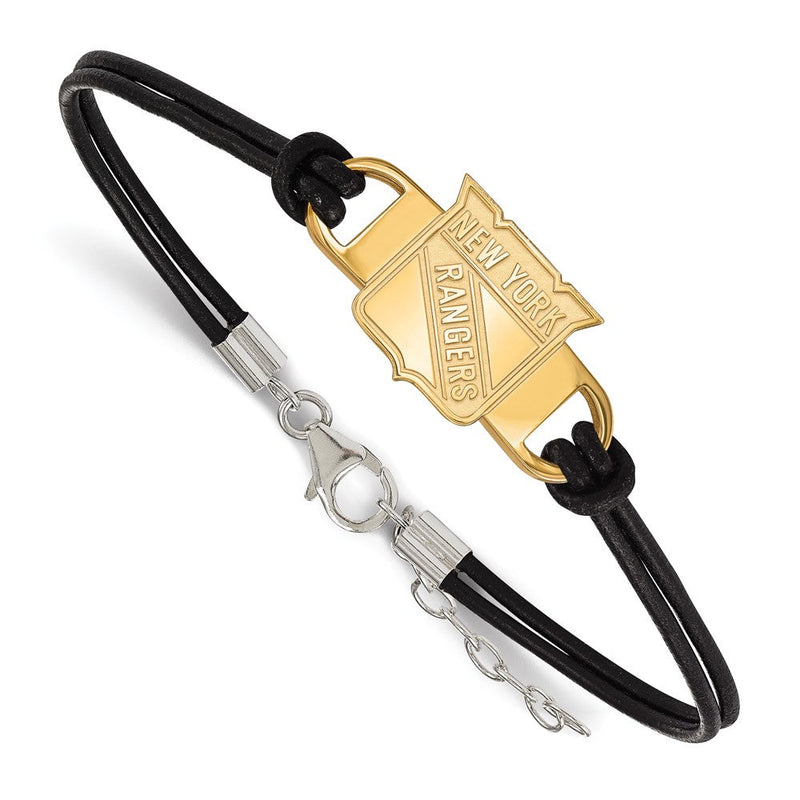 Vergoldet Sterlingsilber Nhl Logoart New York Rangers Klein Mittig Schwarz Leder 7 Zoll Armband mit Verlängerung