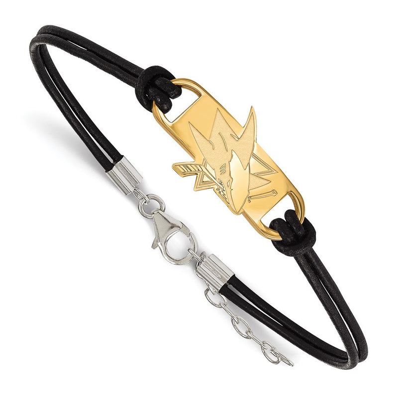 Vergoldet Sterlingsilber Nhl Logoart San Jose Sharks Klein Mittig Schwarz Leder 7 Zoll Armband mit Verlängerung