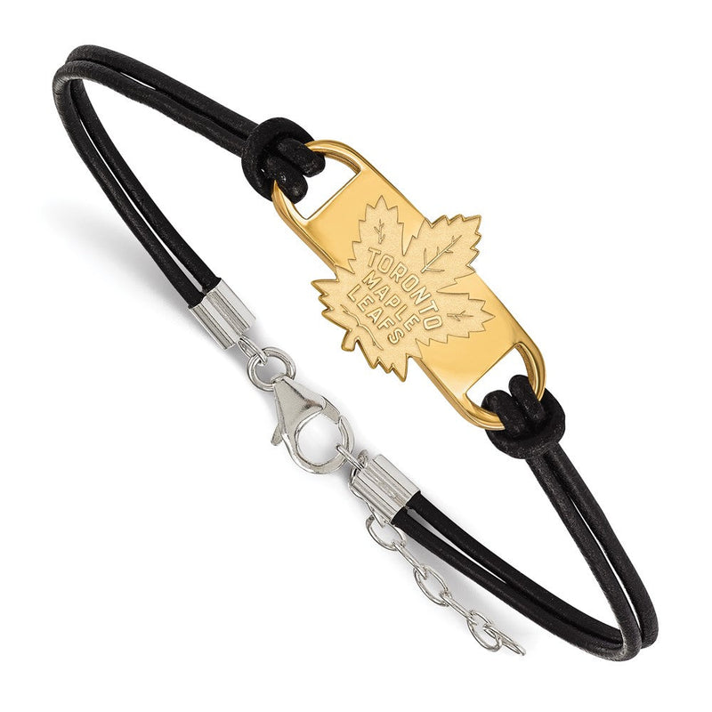 Vergoldet Sterlingsilber Nhl Logoart Toronto Maple Leafs Klein Mittig Schwarz Leder 7 Zoll Armband mit Verlängerung