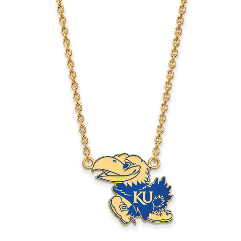 Vergoldet Sterlingsilber Logoart University Of Kansas Jayhawk Groß Emailliert Anhänger 18 Zoll Halskette