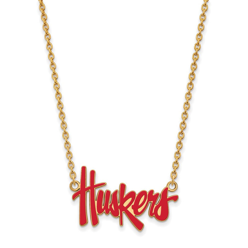 Vergoldet Sterlingsilber Logoart University Of Nebraska Huskers Schreibschrift Groß Emailliert Anhänger 18 Zoll Halskette