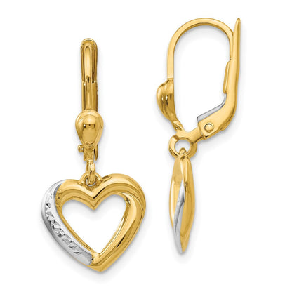 14K Gelb & Rhodium und Strukturiert Poliert Herz Brisur Ohrring