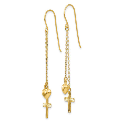 14K Gelbgold Ropa Kette Gewölbt Herz und Diamantiert Kreuz Ohrhänger