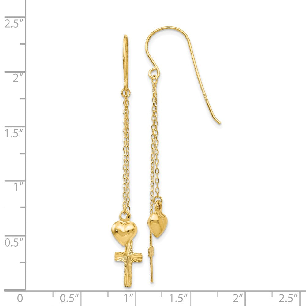 14K Gelbgold Ropa Kette Gewölbt Herz und Diamantiert Kreuz Ohrhänger