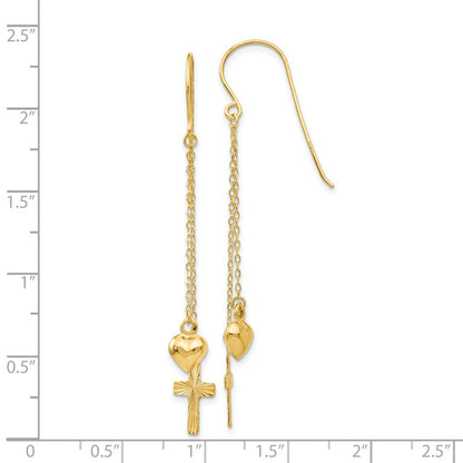 14K Gelbgold Ropa Kette Gewölbt Herz und Diamantiert Kreuz Ohrhänger
