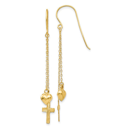 14K Gelbgold Ropa Kette Gewölbt Herz und Diamantiert Kreuz Ohrhänger