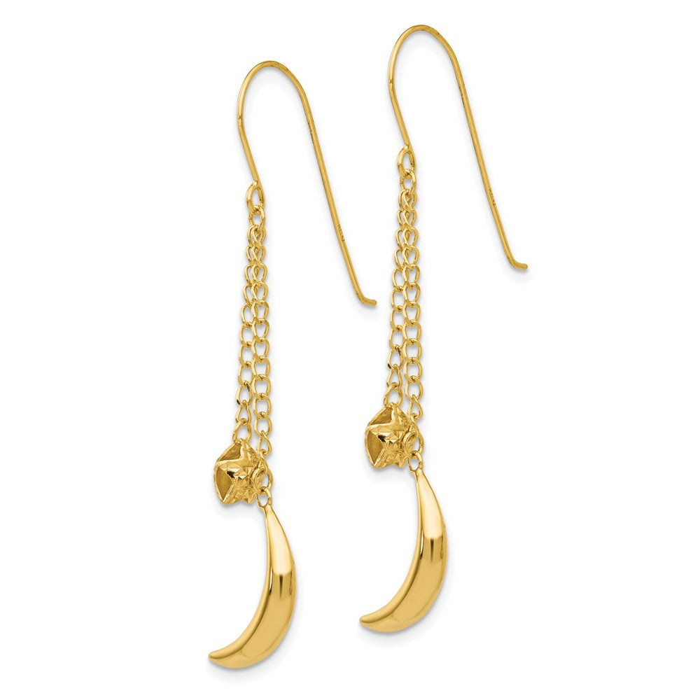 14K Gelbgold Kette Hängend Gewölbt Mond & Sterne Hirte Haken Ohrringe