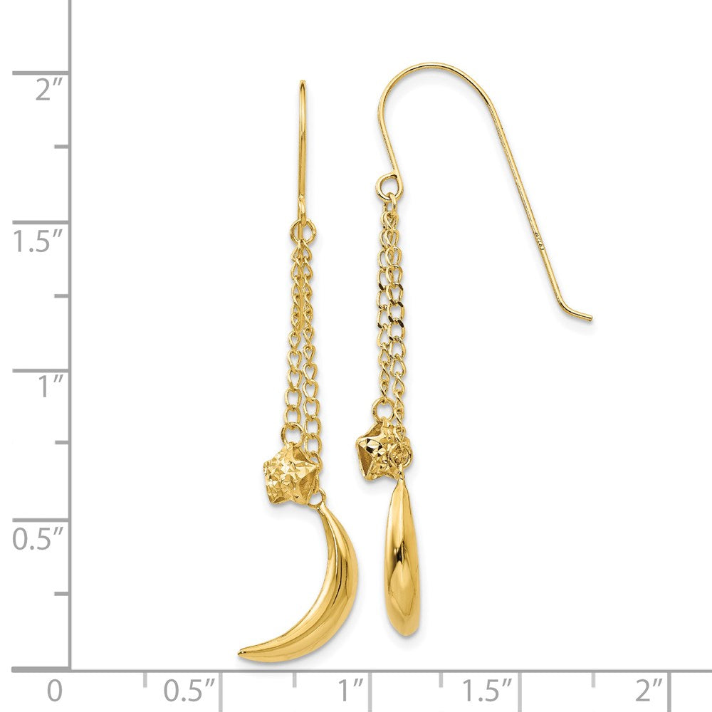 14K Gelbgold Kette Hängend Gewölbt Mond & Sterne Hirte Haken Ohrringe