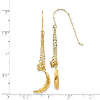 14K Gelbgold Kette Hängend Gewölbt Mond & Sterne Hirte Haken Ohrringe