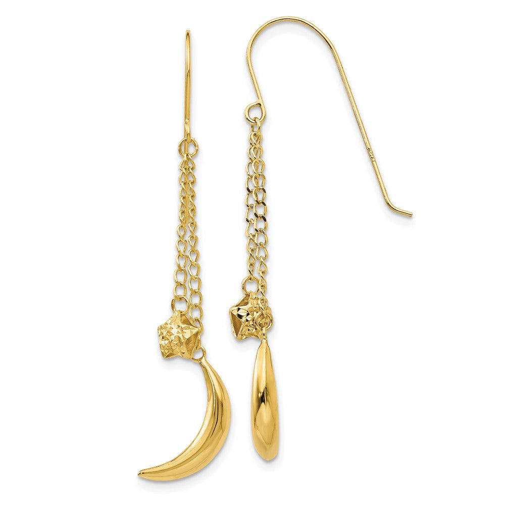 14K Gelbgold Kette Hängend Gewölbt Mond & Sterne Hirte Haken Ohrringe