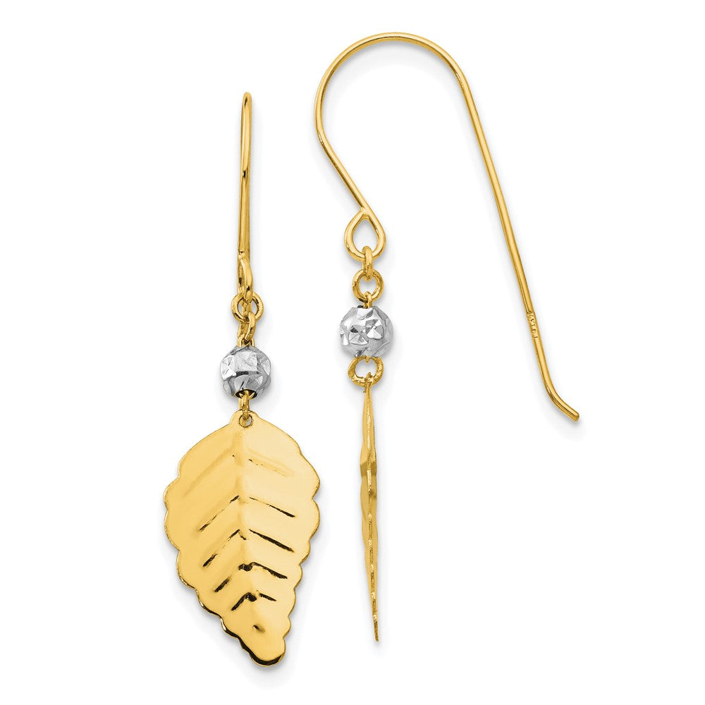 14K Bicolor Geprägt Blatt Hirte Haken Ohrringe