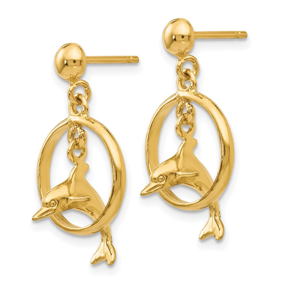 14K Gelbgold Polierte 3-D Delfin durch Creole springend Ohrhänger