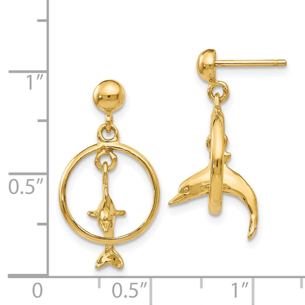 14K Gelbgold Polierte 3-D Delfin durch Creole springend Ohrhänger