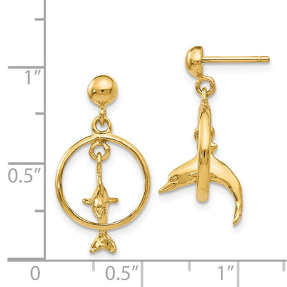 14K Gelbgold Polierte 3-D Delfin durch Creole springend Ohrhänger