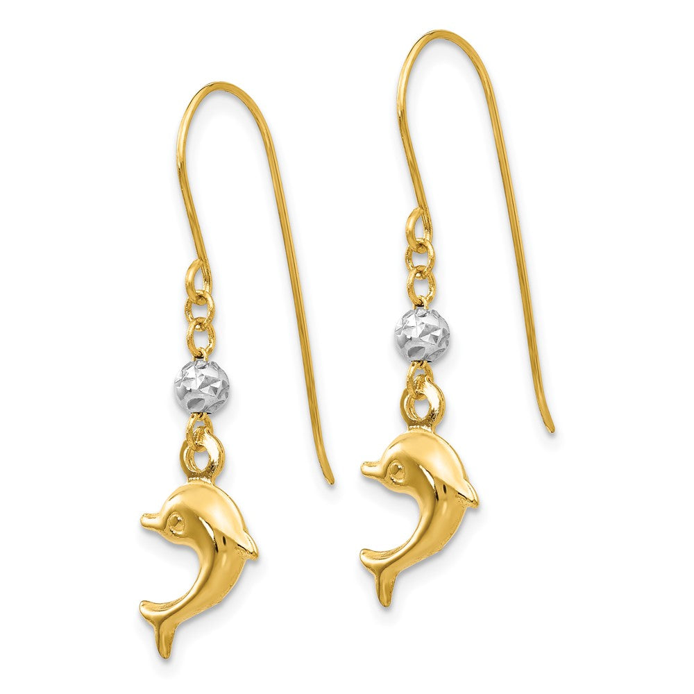14K Bicolor Toned Gewölbt Delfin Hirte Haken Ohrringe