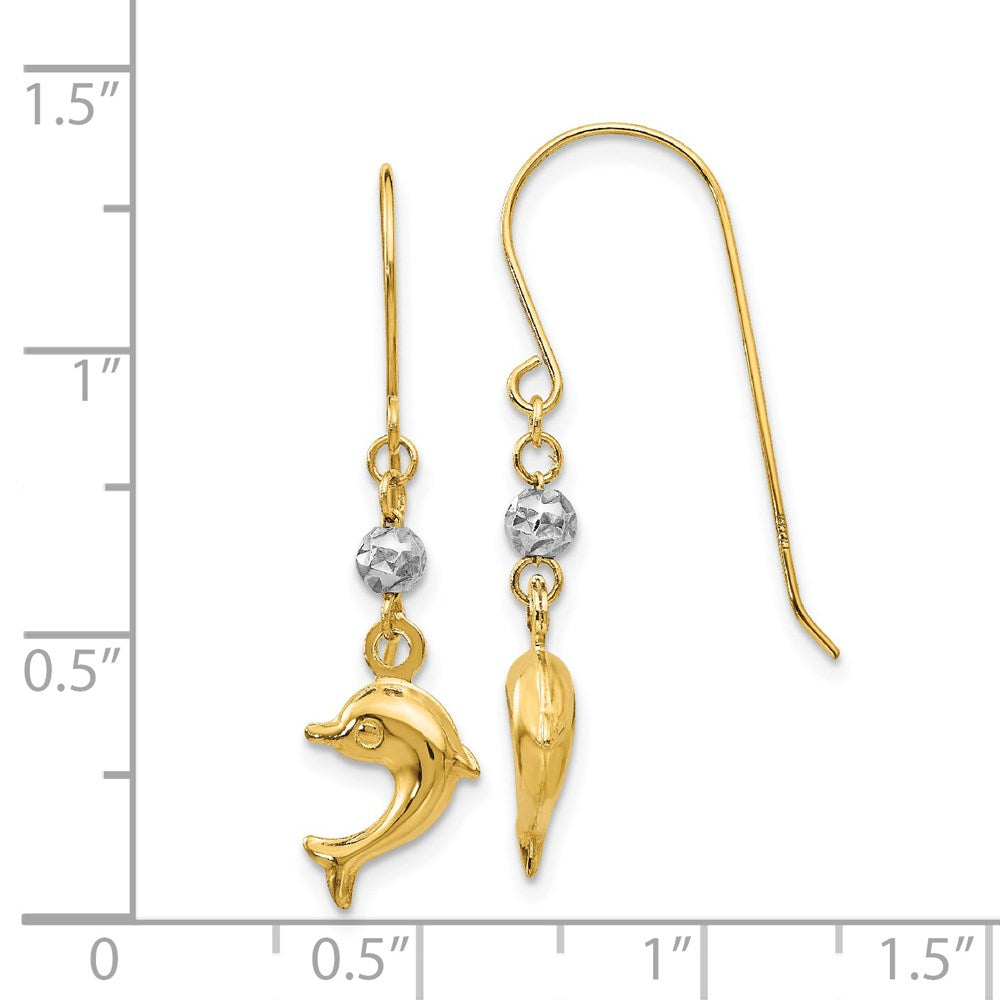14K Bicolor Toned Gewölbt Delfin Hirte Haken Ohrringe