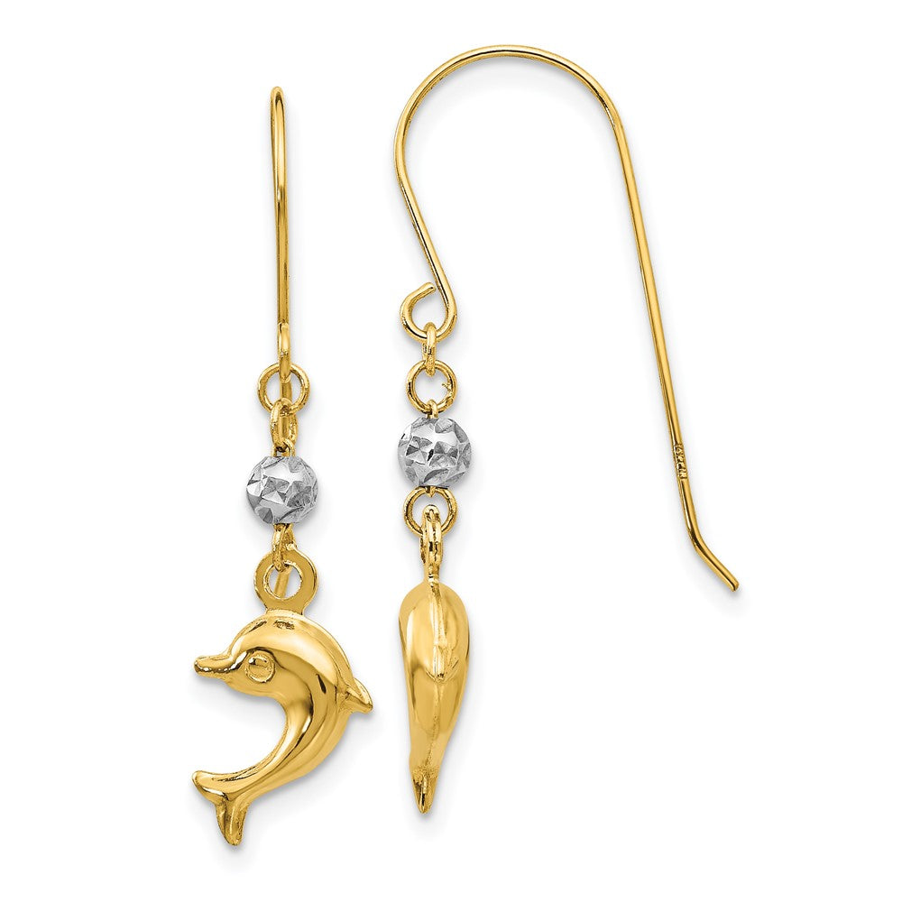14K Bicolor Toned Gewölbt Delfin Hirte Haken Ohrringe