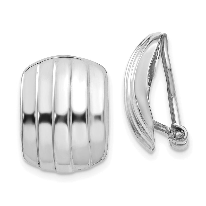 14K Weißgold Poliert Ribbed Non Durchbrochen Omega Rückseite Ohrringe