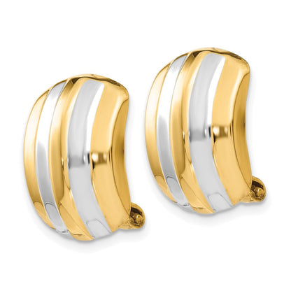 14K Gelb & Rhodium Ribbed Non Durchbrochen Omega Rückseite Ohrringe