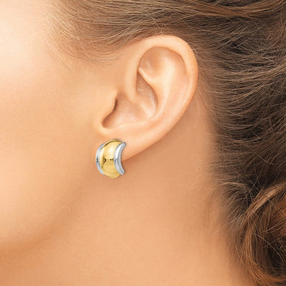 14K Gelb & Rhodium mit Omega Klammer Non Durchbrochen Ohrringe