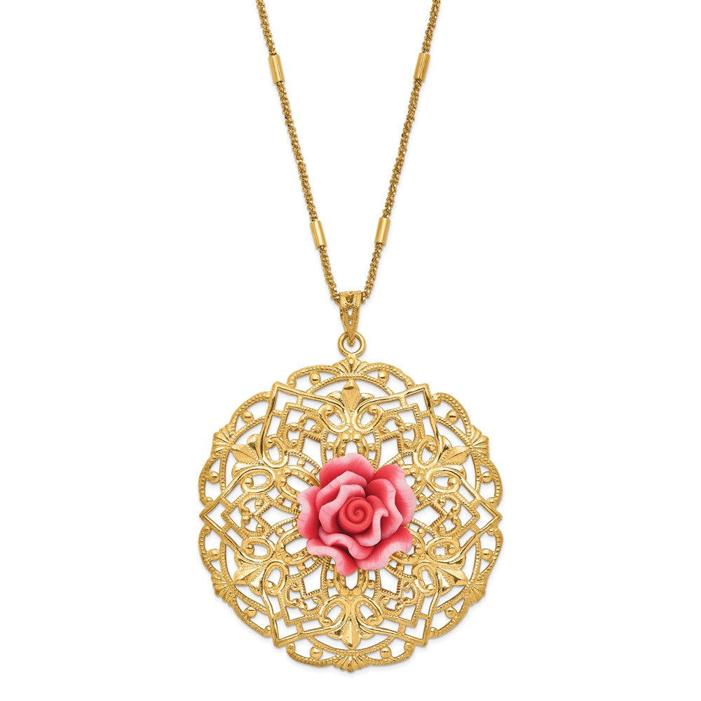 Sterlingsilber Goldfarben Poliert & Strukturiert Resin Rose Kreis Halskette