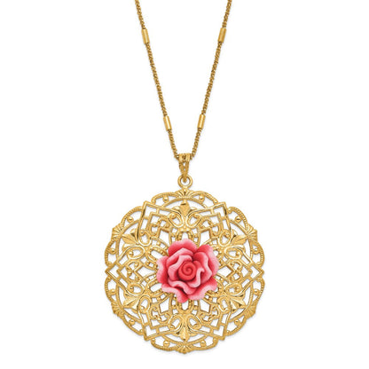 Sterlingsilber Goldfarben Poliert & Strukturiert Resin Rose Kreis Halskette