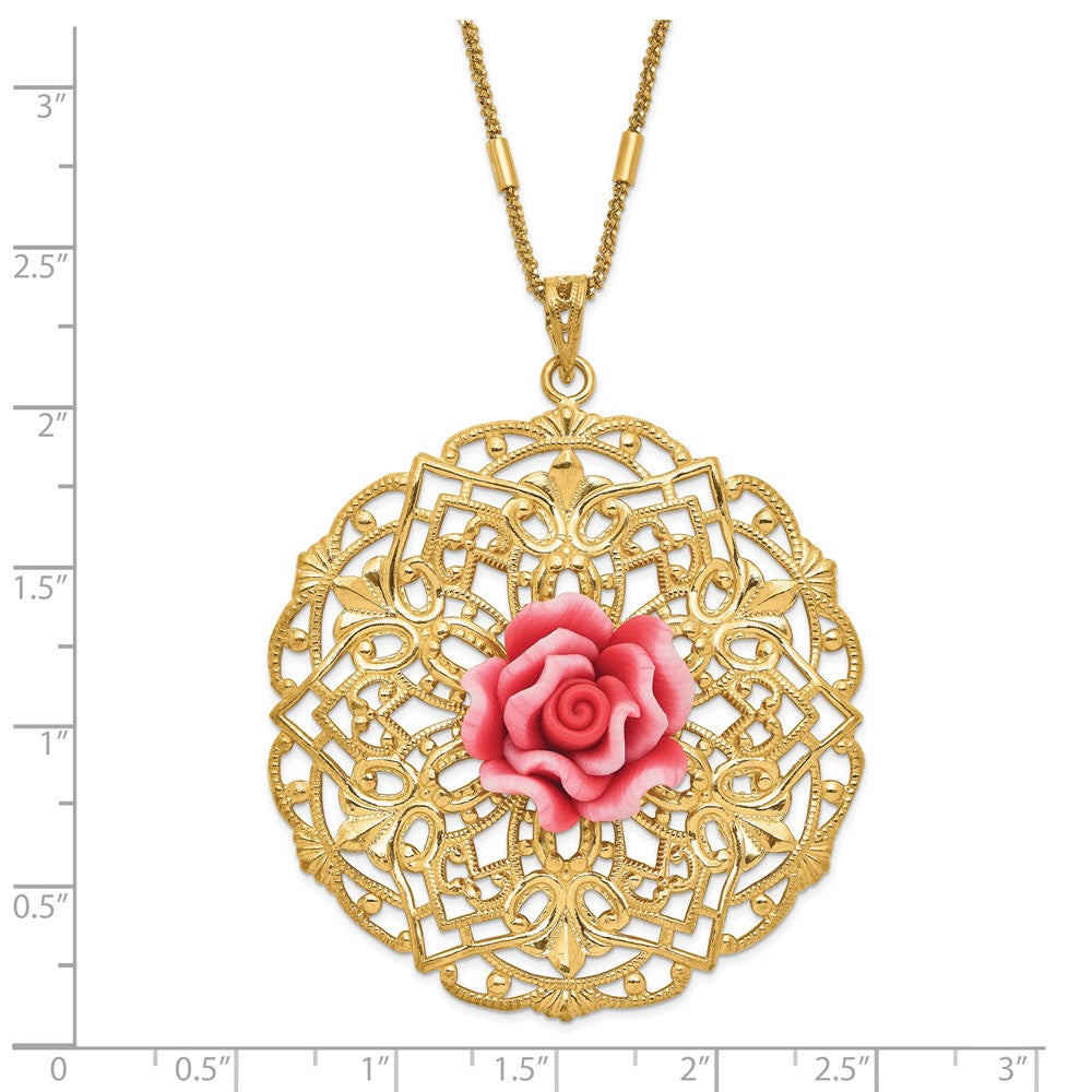 Sterlingsilber Goldfarben Poliert & Strukturiert Resin Rose Kreis Halskette