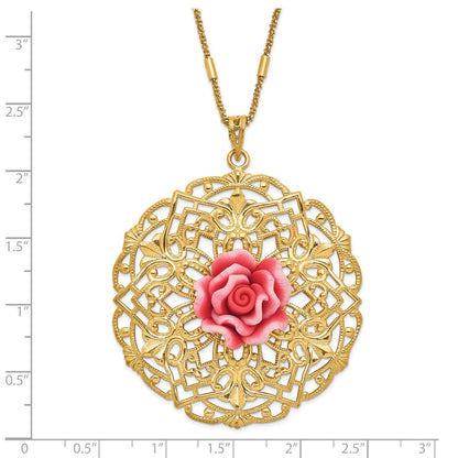 Sterlingsilber Goldfarben Poliert & Strukturiert Resin Rose Kreis Halskette