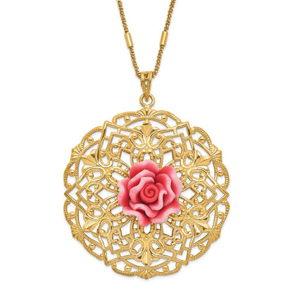 Sterlingsilber Goldfarben Poliert & Strukturiert Resin Rose Kreis Halskette