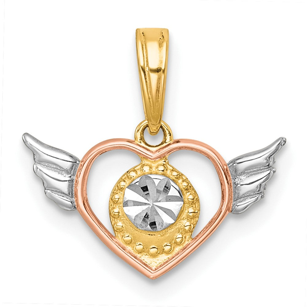 14K Gelb & Rhodium mit Weiß Rhodium und Roséfarben Herz mit Flügel Charm