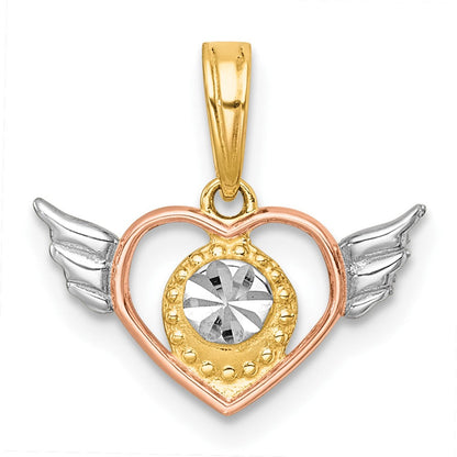 14K Gelb & Rhodium mit Weiß Rhodium und Roséfarben Herz mit Flügel Charm