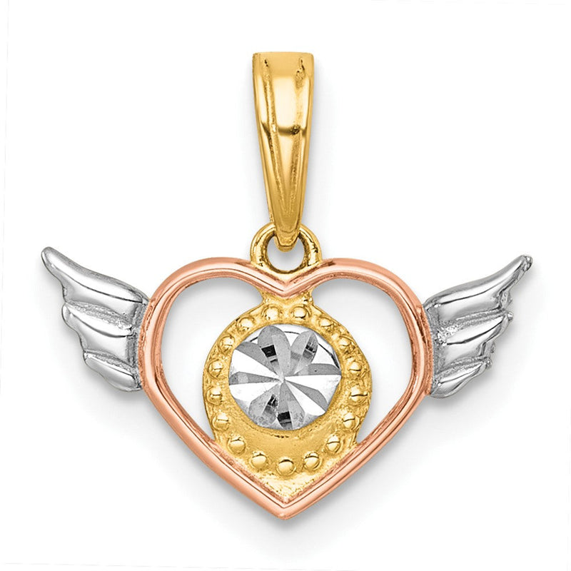 14K Gelb & Rhodium mit Weiß Rhodium und Roséfarben Herz mit Flügel Charm